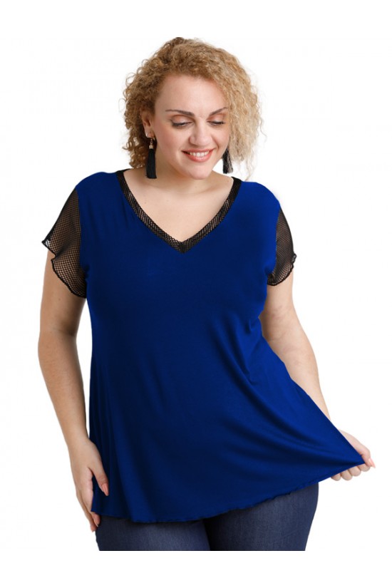 A20-5589 Μπλούζα εβαζέ με δίχτυ πίσω - Μπλε Ρουά