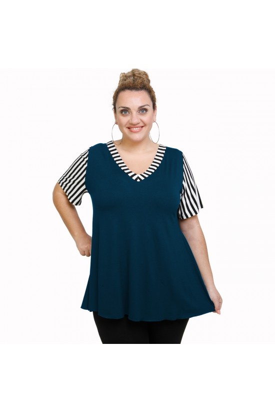 A21-589 Μπλούζα εβαζέ κομποζέ - Εμπριμέ / Πετρόλ