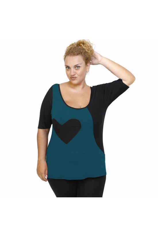 A22-124 Μπλούζα ίσια κομποζέ με καρδιά - Πετρόλ
