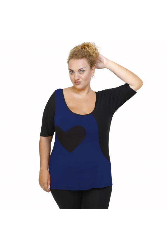 A22-124 Μπλούζα ίσια κομποζέ με καρδιά - Μπλε Ρουά
