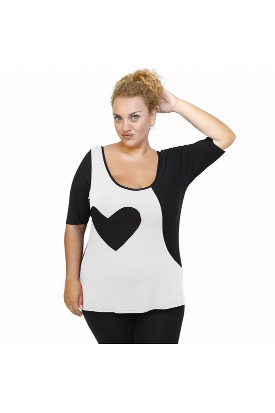 A22-124 Μπλούζα ίσια κομποζέ με καρδιά - Άσπρο