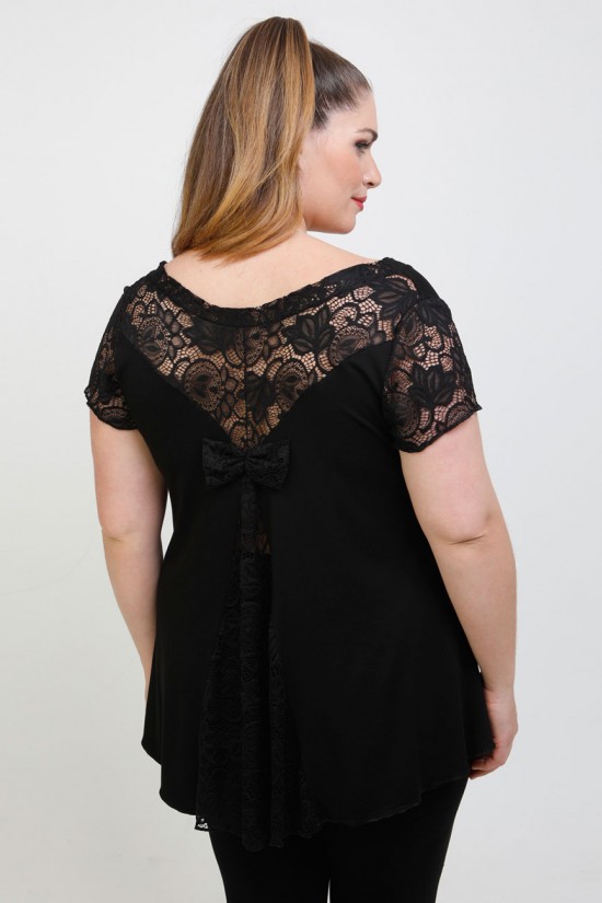 A22-189DA Μπλούζα εβαζέ με δαντέλα - Μαύρο