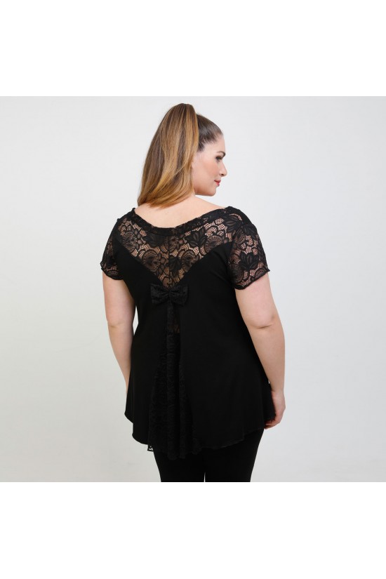 A22-189DA Μπλούζα εβαζέ με δαντέλα - Μαύρο