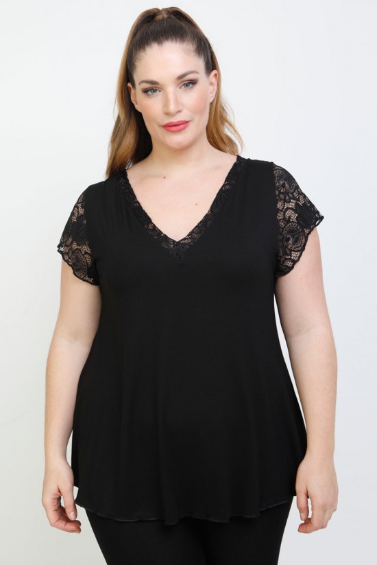 A22-189DA Μπλούζα εβαζέ με δαντέλα - Μαύρο