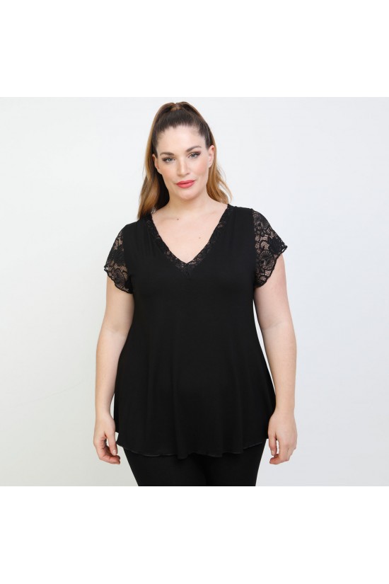 A22-189DA Μπλούζα εβαζέ με δαντέλα - Μαύρο