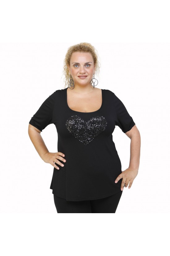 A22-5008LK Μπλούζα εβαζέ με καρδιά - Μαύρο