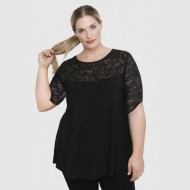 A23-113D Μπλούζα με Δαντέλα στο στήθος και στην άκρη του μανικιού - Μαύρο
