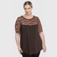 A23-113D Μπλούζα με Δαντέλα στο στήθος και στην άκρη του μανικιού - Καφέ