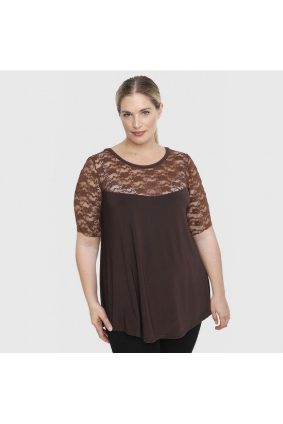 A23-113D Μπλούζα με Δαντέλα στο στήθος και στην άκρη του μανικιού - Καφέ