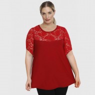 A23-113D Μπλούζα με Δαντέλα στο στήθος και στην άκρη του μανικιού - Κόκκινο σκούρο