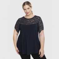 A23-113D Μπλούζα με Δαντέλα στο στήθος και στην άκρη του μανικιού - Μπλε Μαρέν