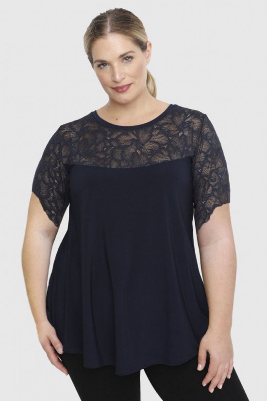 A23-113D Μπλούζα με Δαντέλα στο στήθος και στην άκρη του μανικιού - Μπλε Μαρέν