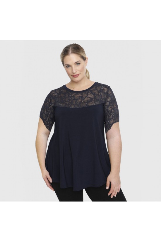 A23-113D Μπλούζα με Δαντέλα στο στήθος και στην άκρη του μανικιού - Μπλε Μαρέν