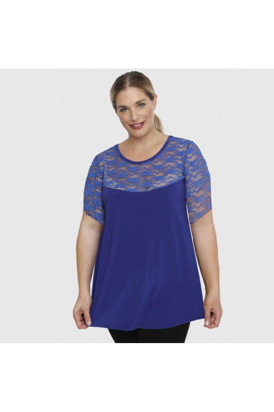 A23-113D Μπλούζα με Δαντέλα στο στήθος και στην άκρη του μανικιού - Μπλε Ρουά