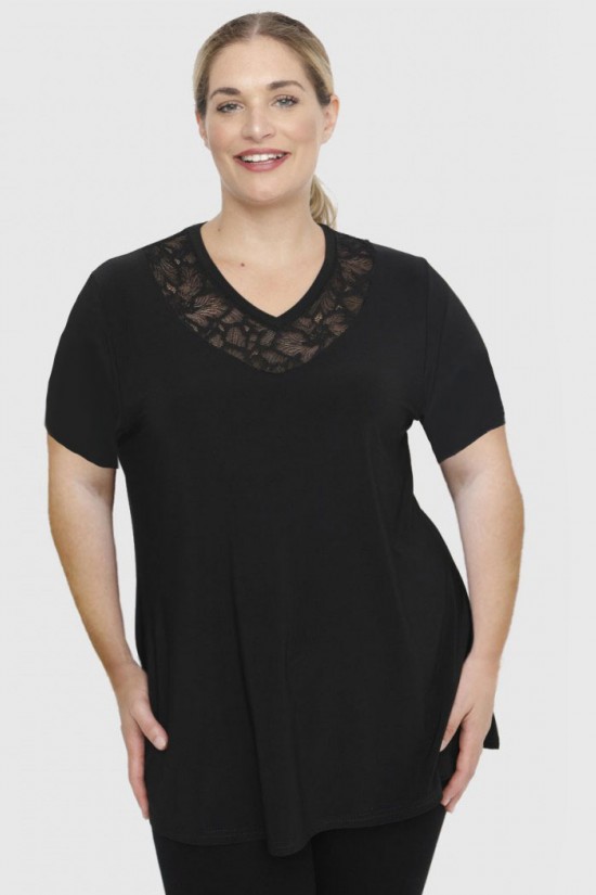 A23-114D Μπλούζα με Δαντέλα στο λαιμό - Μαύρο