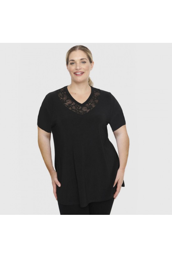 A23-114D Μπλούζα με Δαντέλα στο λαιμό - Μαύρο