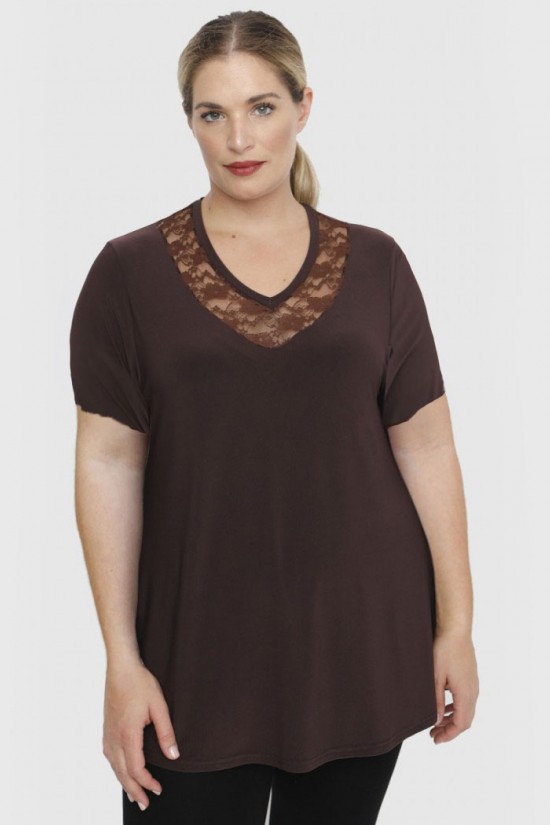 A23-114D Μπλούζα με Δαντέλα  στο λαιμό - Καφέ