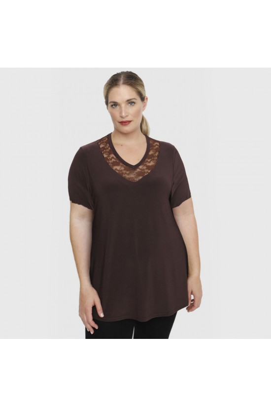 A23-114D Μπλούζα με Δαντέλα  στο λαιμό - Καφέ
