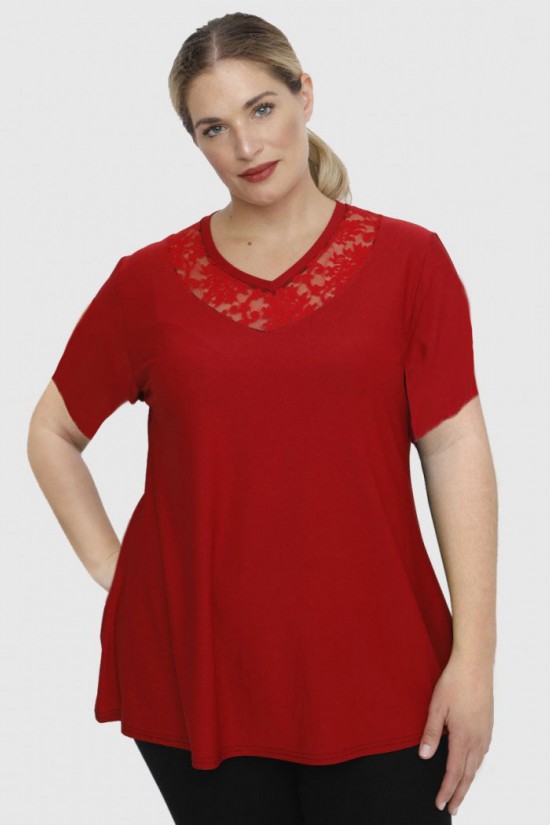 A23-114D Μπλούζα με Δαντέλα στο λαιμό - Κόκκινο σκούρο