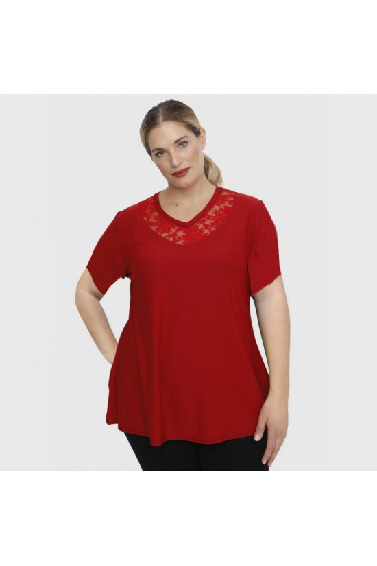 A23-114D Μπλούζα με Δαντέλα στο λαιμό - Κόκκινο σκούρο