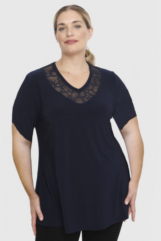 A23-114D Μπλούζα με Δαντέλα στο λαιμό - Μπλε Μαρέν