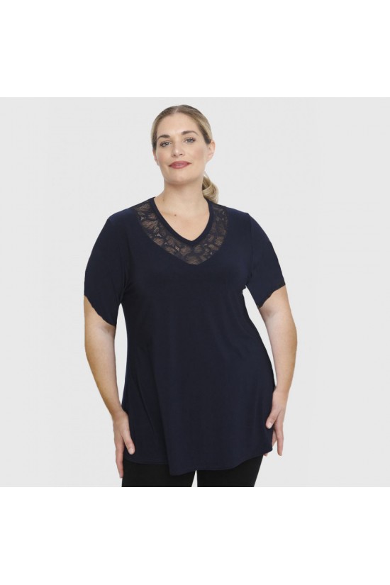 A23-114D Μπλούζα με Δαντέλα στο λαιμό - Μπλε Μαρέν