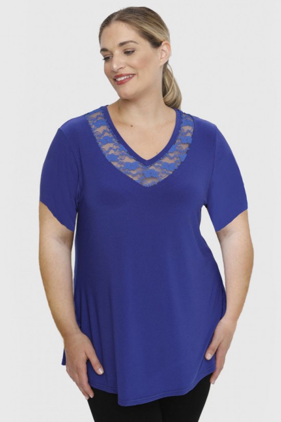 A23-114D Μπλούζα με Δαντέλα στο λαιμό - Μπλε Ρουά