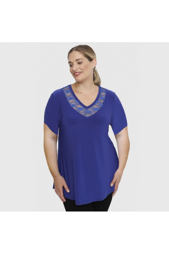 A23-114D Μπλούζα με Δαντέλα στο λαιμό - Μπλε Ρουά