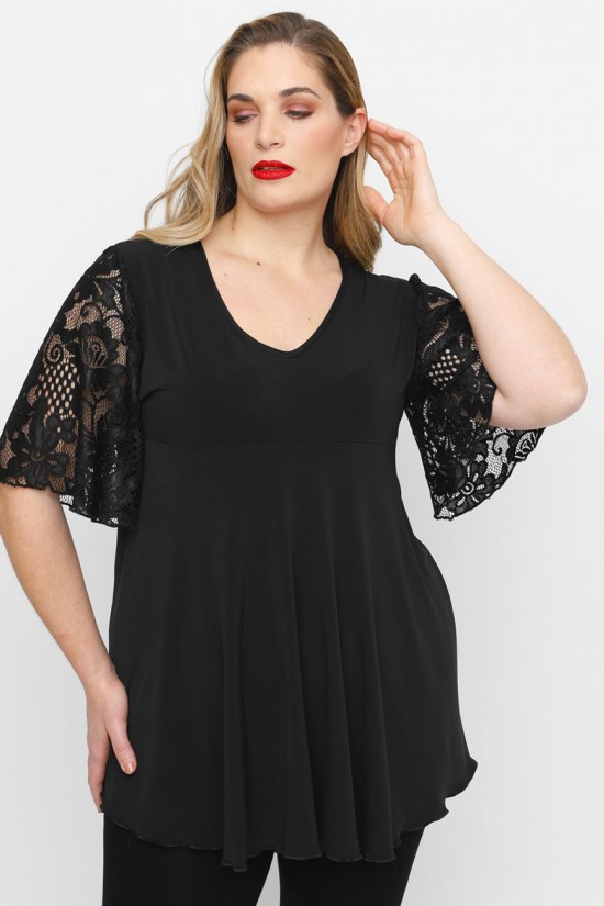A23-136 Μπλούζα με μανίκια δαντέλας - Μαύρο