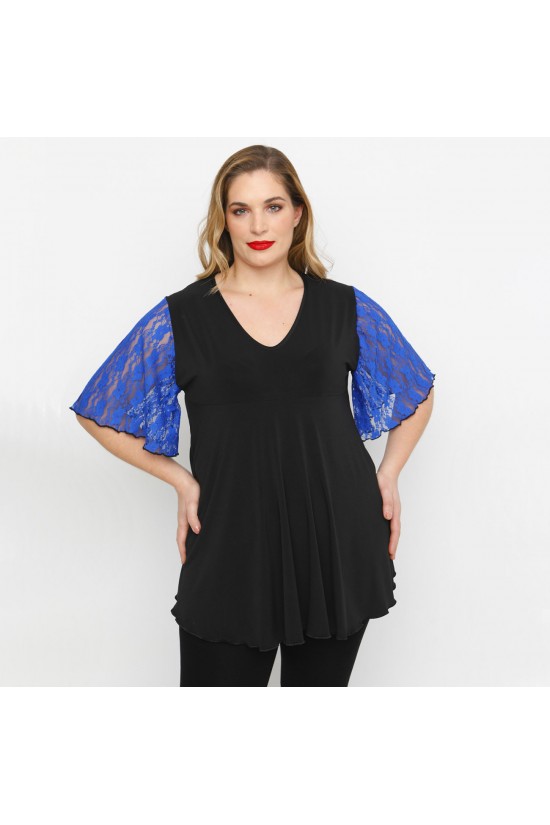 A23-136 Μπλούζα με μανίκια δαντέλας - Μπλε Ρουά