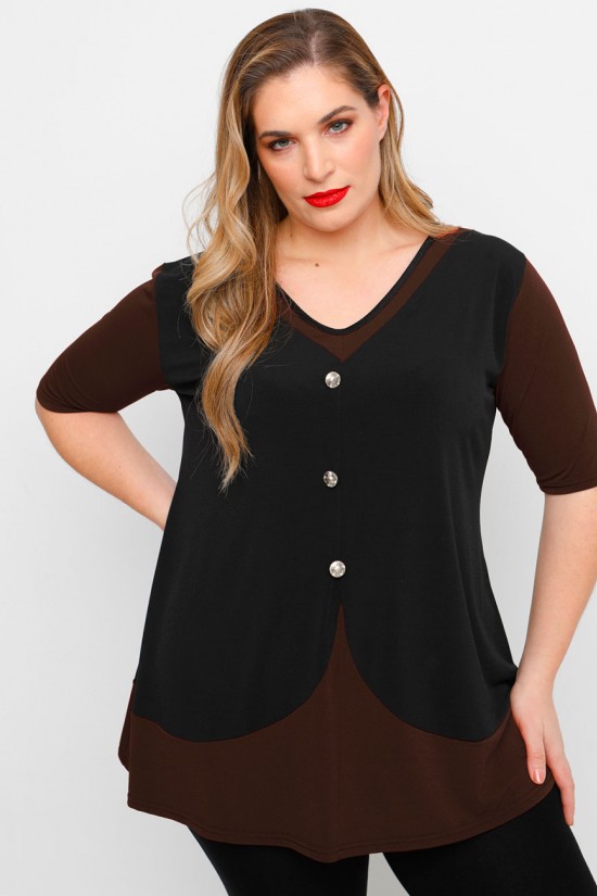 A23-137 Μπλούζα στυλ γιλέκο με διακοσμητικά κουμπιά - Καφέ