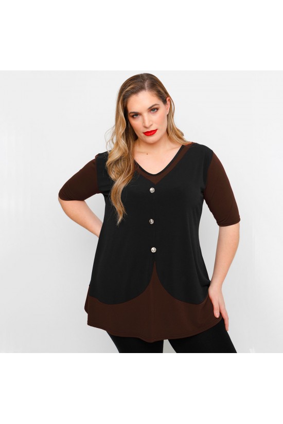 A23-137 Μπλούζα στυλ γιλέκο με διακοσμητικά κουμπιά - Καφέ