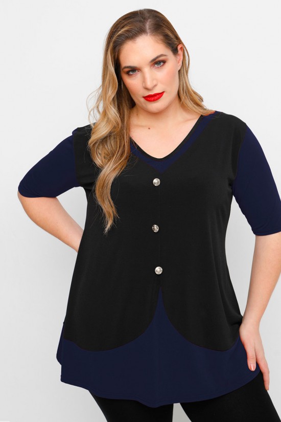 A23-137 Μπλούζα στυλ γιλέκο με διακοσμητικά κουμπιά - Μπλε Μαρέν