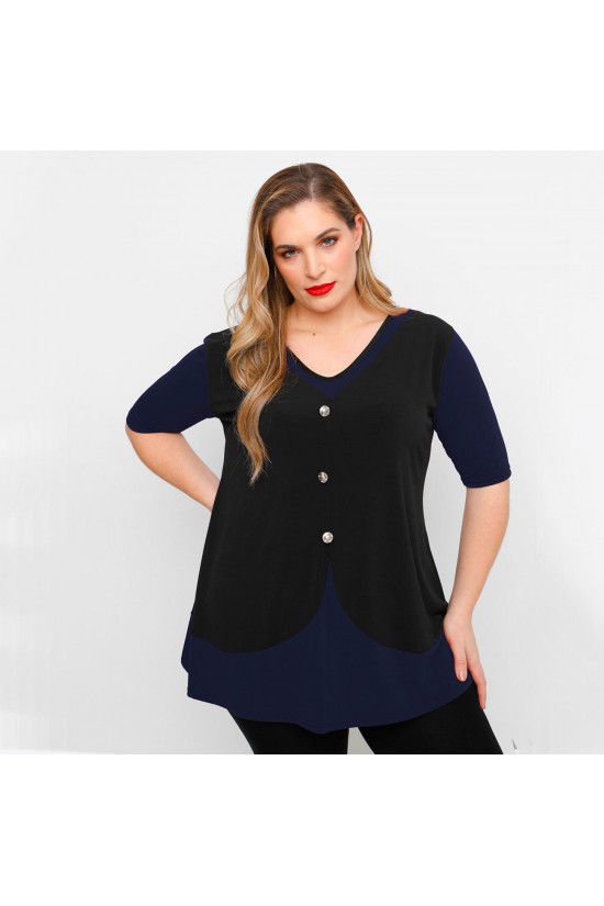 A23-137 Μπλούζα στυλ γιλέκο με διακοσμητικά κουμπιά - Μπλε Μαρέν