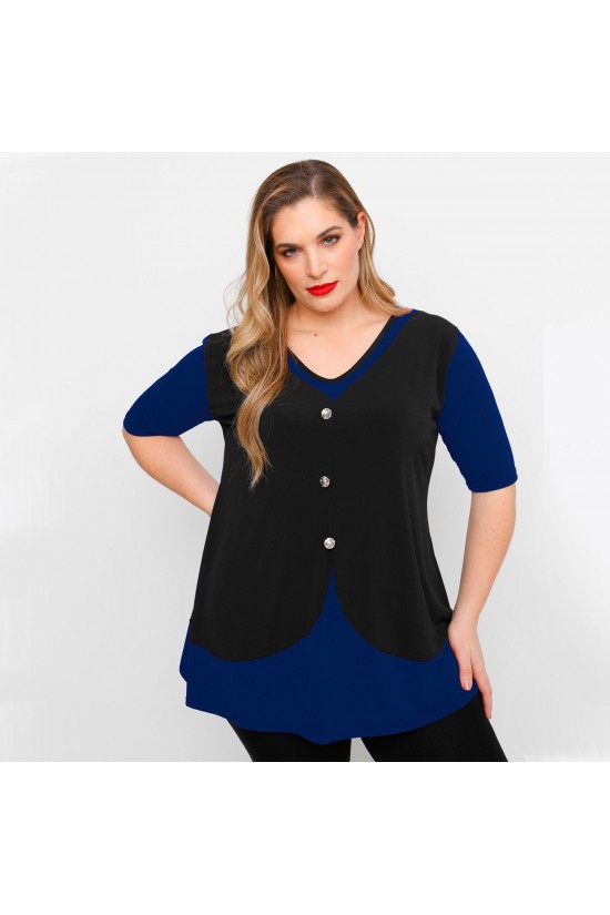 A23-137 Μπλούζα στυλ γιλέκο με διακοσμητικά κουμπιά - Μπλε Ρουά