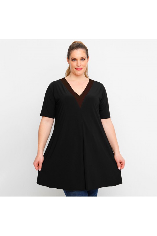 A23-176V Μπλουζοφόρεμα με V λαιμό - Καφέ