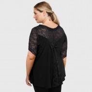 A23-189D Μπλούζα με δαντελωτά μανίκια, δαντέλα στη πλάτη και δαντελωτό φιόγκο - Μαύρο
