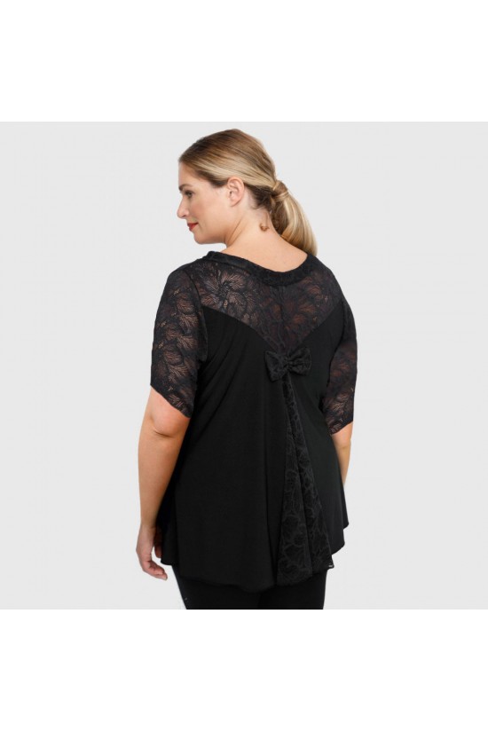 A23-189D Μπλούζα με δαντελωτά μανίκια, δαντέλα στη πλάτη και δαντελωτό φιόγκο - Μαύρο