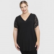 A23-189D Μπλούζα με δαντελωτά μανίκια, δαντέλα στη πλάτη και δαντελωτό φιόγκο - Μαύρο