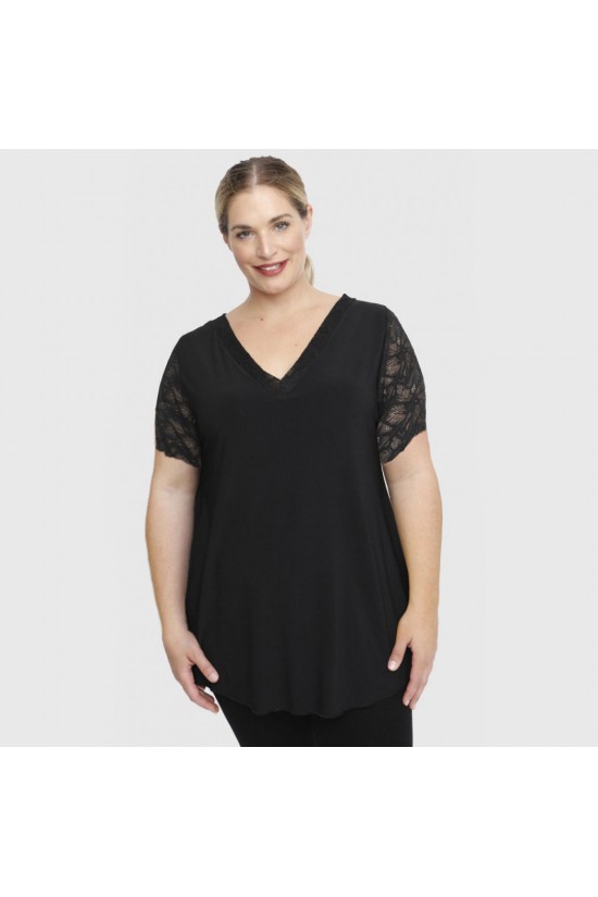 A23-189D Μπλούζα με δαντελωτά μανίκια, δαντέλα στη πλάτη και δαντελωτό φιόγκο - Μαύρο