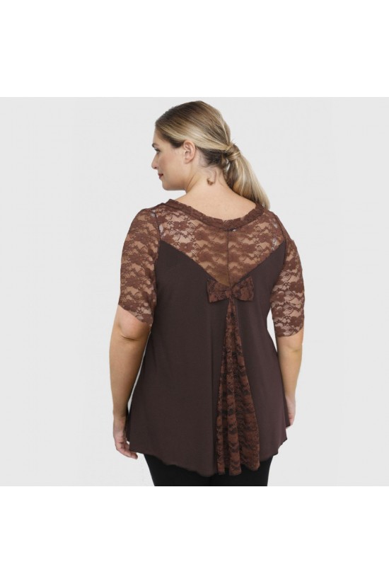 A23-189D Μπλούζα με δαντελωτά μανίκια, δαντέλα στη πλάτη και δαντελωτό φιόγκο - Καφέ