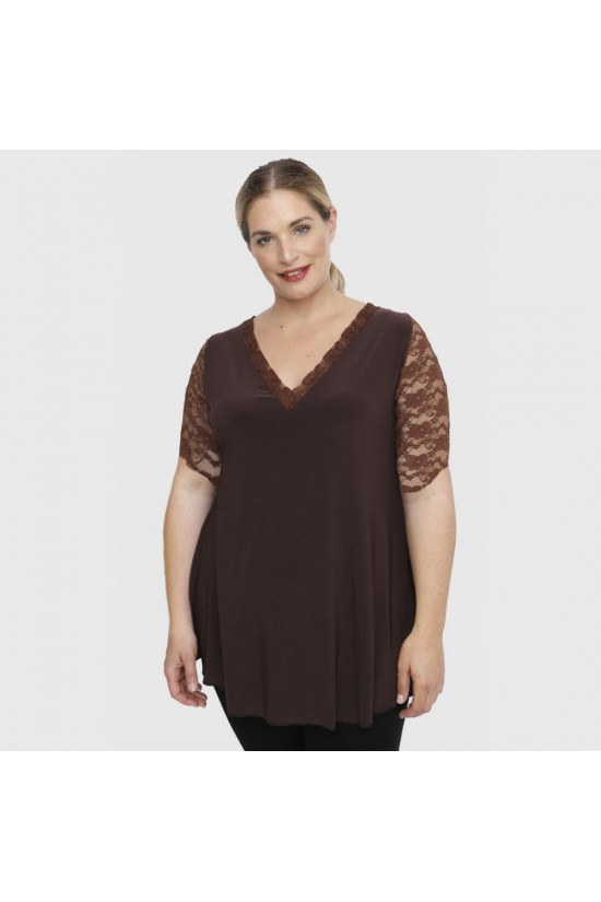 A23-189D Μπλούζα με δαντελωτά μανίκια, δαντέλα στη πλάτη και δαντελωτό φιόγκο - Καφέ