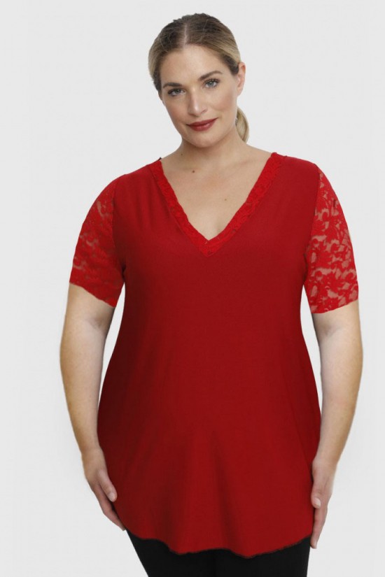 A23-189D Μπλούζα με δαντελωτά μανίκια, δαντέλα στη πλάτη και δαντελωτό φιόγκο - Κόκκινο σκούρο