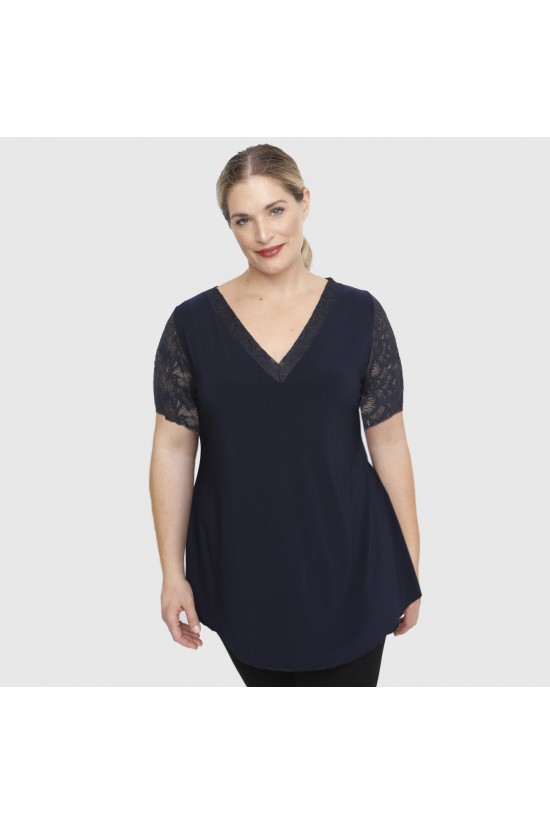 A23-189D Μπλούζα με δαντελωτά μανίκια, δαντέλα στη πλάτη και δαντελωτό φιόγκο - Μπλε Μαρέν