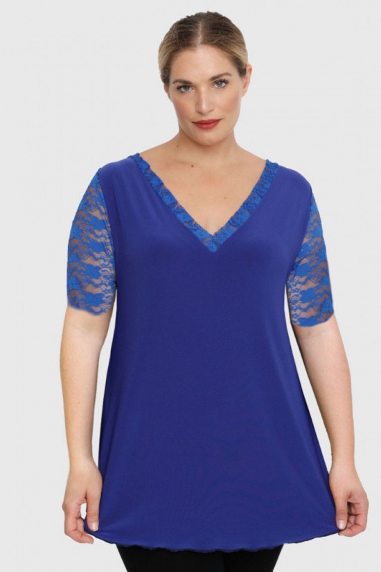 A23-189D Μπλούζα με δαντελωτά μανίκια, δαντέλα στη πλάτη και δαντελωτό φιόγκο - Μπλε Ρουά