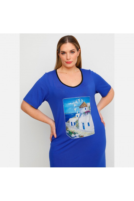 A23-200V-S-16 Φόρεμα με στάμπα - Μπλε Ρουά