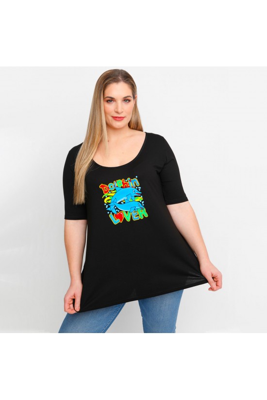 A23-208L-S-21 Μπλούζα με λαιμόκοψη ανοιχτή με στάμπα - Μαύρο