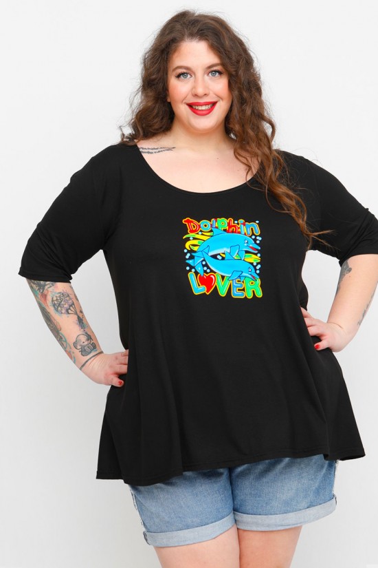 A23-208L-S-21-B Μπλούζα με λαιμόκοψη ανοιχτή με στάμπα - Μαύρο