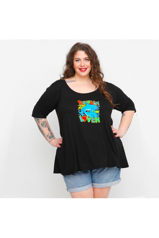 A23-208L-S-21 Μπλούζα με λαιμόκοψη ανοιχτή με στάμπα - Μαύρο A23-208L-S-21 Μπλούζα με λαιμόκοψη ανοιχτή με στάμπα - Μαύρο