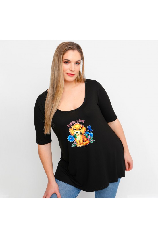 A23-208L-S-22-B Μπλούζα με λαιμόκοψη ανοιχτή με στάμπα - Μαύρο A23-208L-S-22-B Μπλούζα με λαιμόκοψη ανοιχτή με στάμπα - Μαύρο